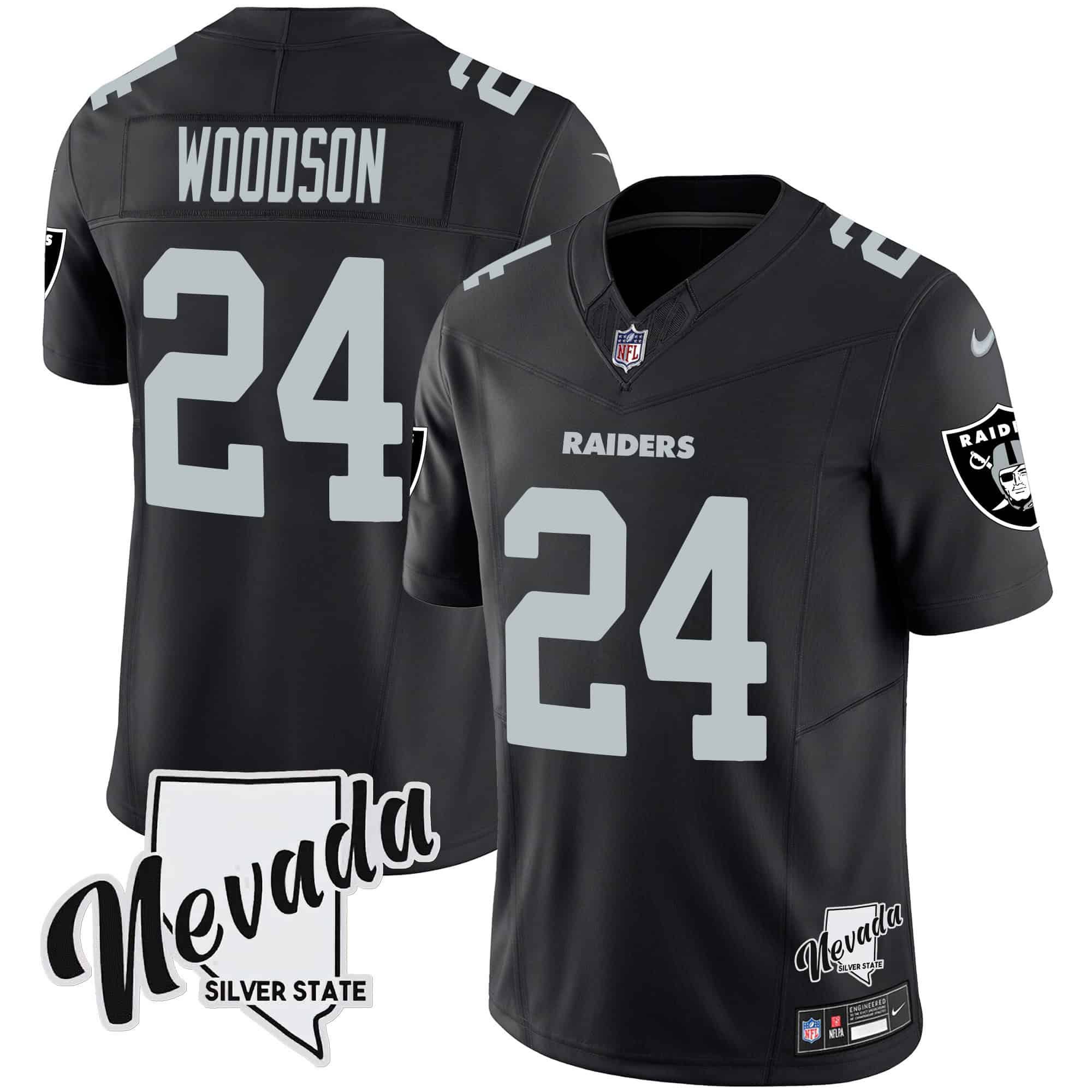 Men Oakland Raiders 24 Woodson Black 2024 Nike Nevada Silver State Patch Vapor NFL Jersey style 1